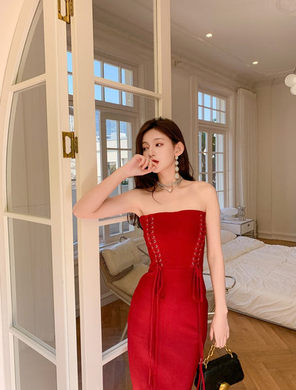 DOLLY Elegant Sleeveless Off Shoulder Tube Top Sexy Backless Midi Dress-XENNY