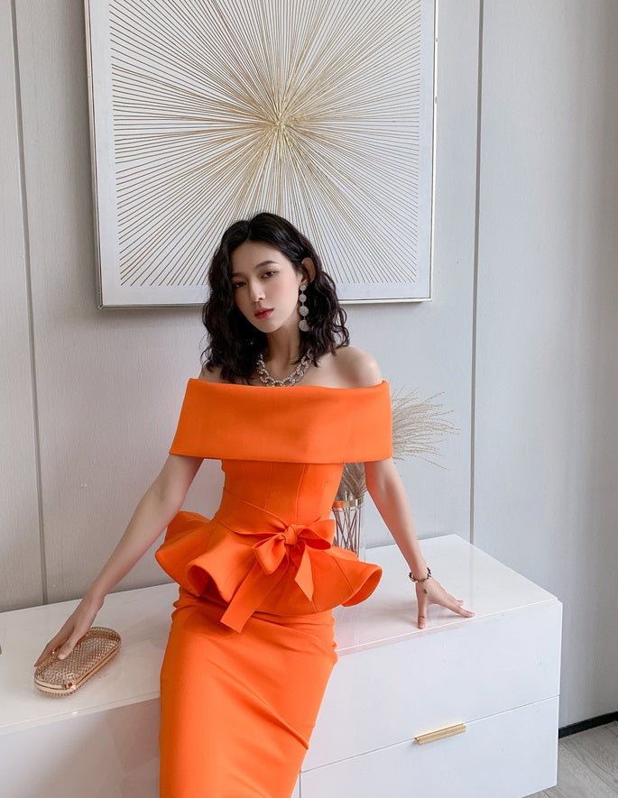 DOLLY High End Off Shoulder Peplum Tube Top Slim Fit Wedding Guest Dress-HANS