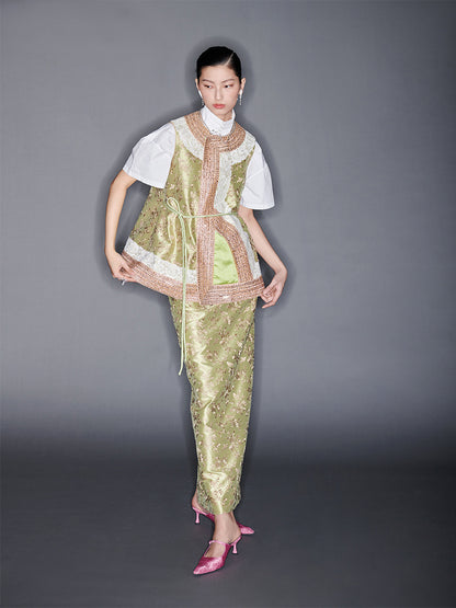 M essential Mackay designer colour-block placket vest  pencil skirt- Victoria.