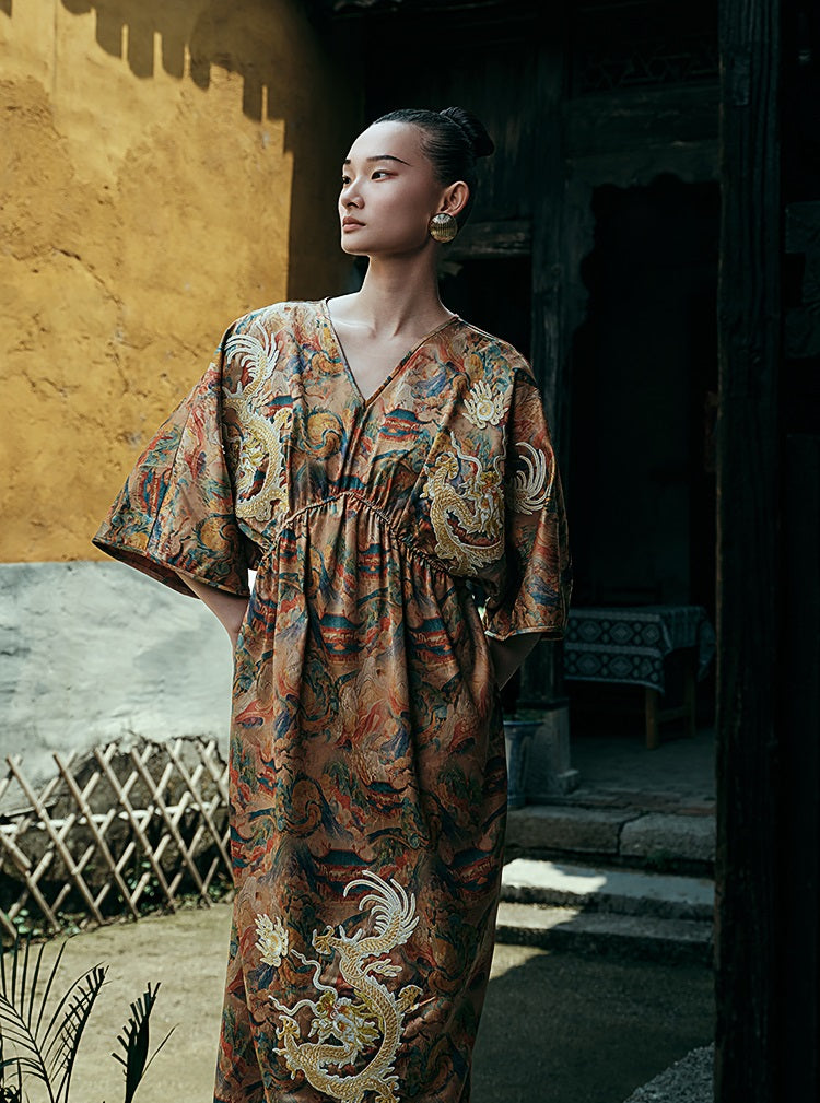 HECO Chinese Waist Cinched V-Neck Dress - QIN