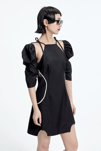TINY IN panelled detachable sleeve in black dress -COPPER