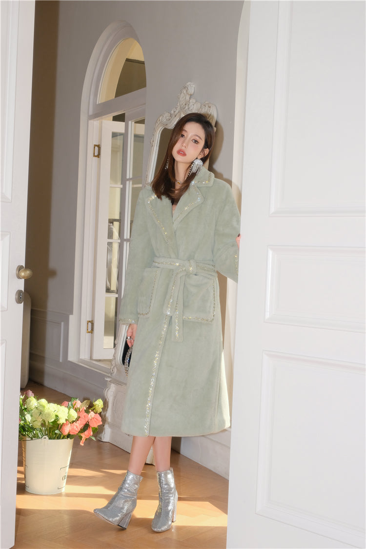 Wardrobes by Chen Elegant  Long Sleeve Velvet Diamond Chain Coat- Poie