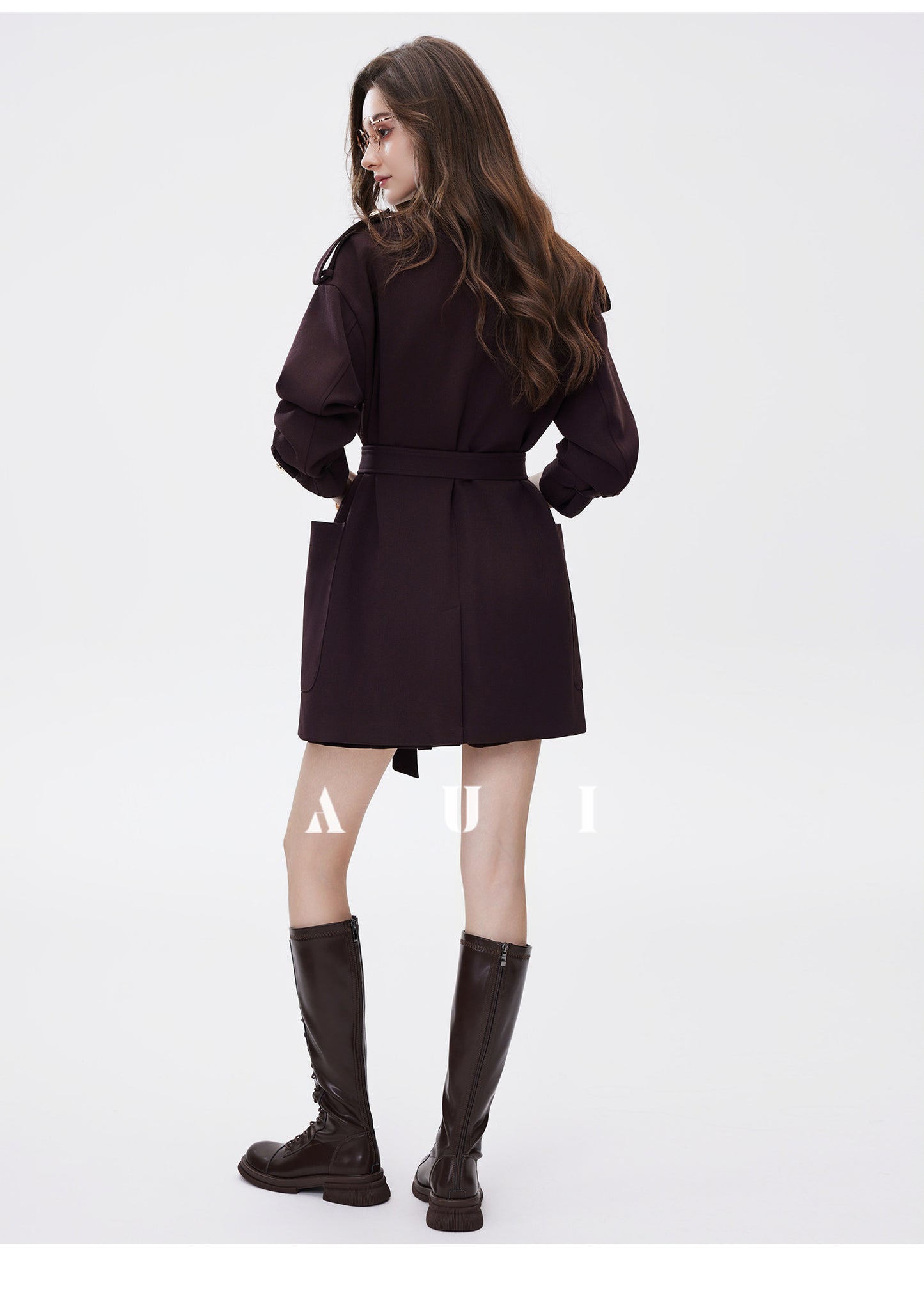 AUI Mocha Mousse Suit Collar Trench Coat Jacket - Hana!