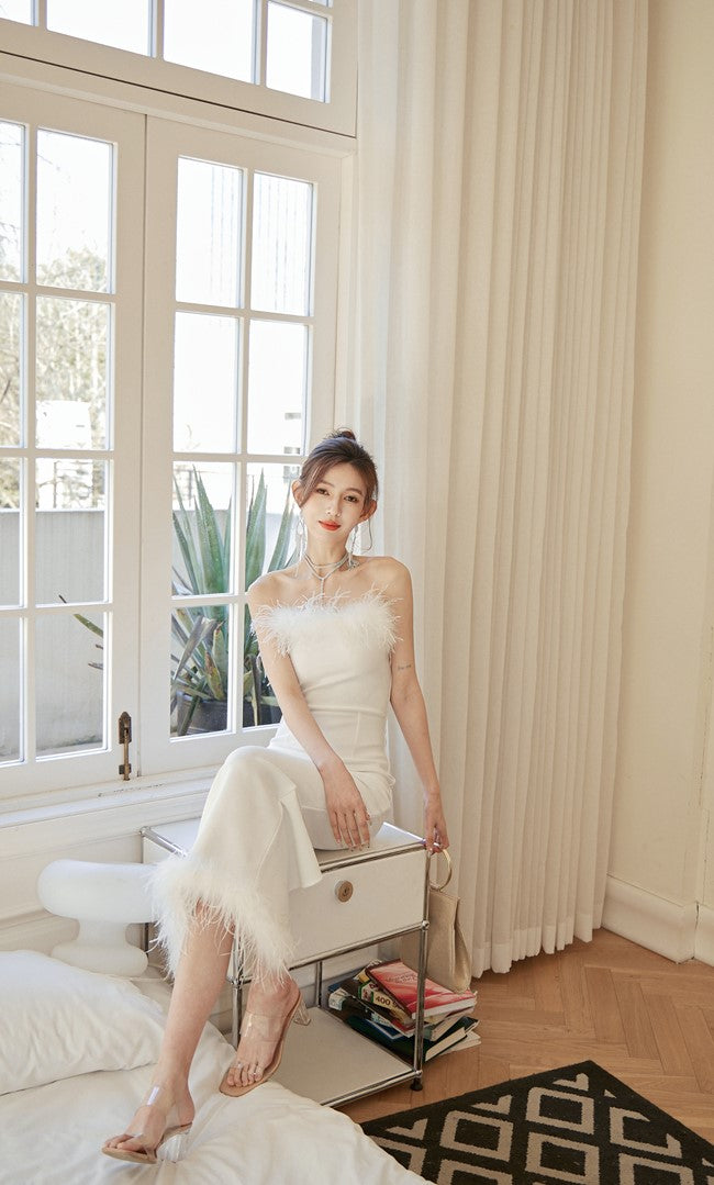 DOLLY Luxury White French Style Sleeveless Feather Tube Top Long Party Dress-HEIDI