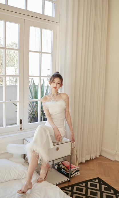 DOLLY Luxury White French Style Sleeveless Feather Tube Top Long Party Dress-HEIDI