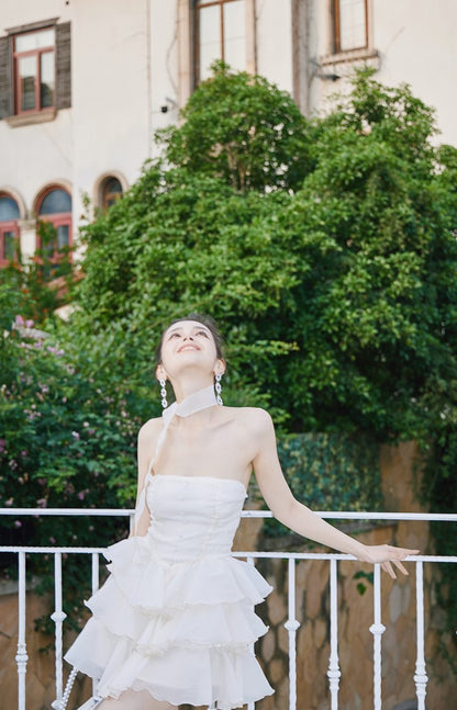 DOLLY Elegant Cream Colored Tube Top Fluffy Ruffle Birthday Dress-ANDORA (V)