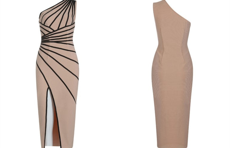 DOLLY Elegant One Shoulder Sleeveless Stripped Slim Fit Slit Dinner Dress-ZEN