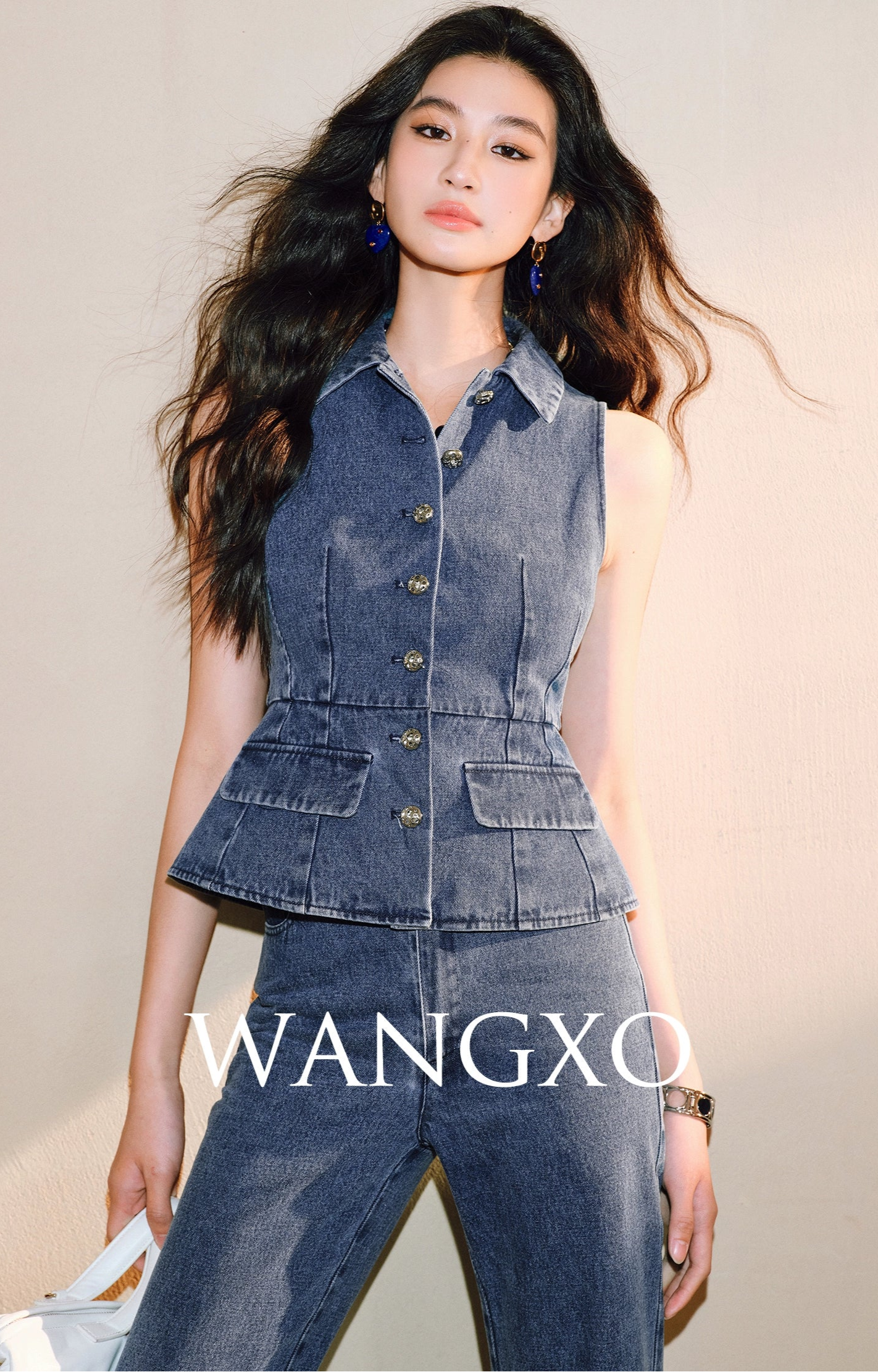 WANGXO Denim Suit Waist-Cinched Vest & Retro Flared Pants - VIOLA