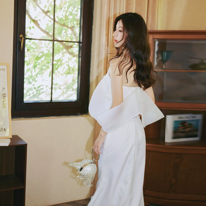 DOLLY Elegant Ruffled Off Shoulder Chest Wrap Long Fish Tail Banquet Dress-KALYA