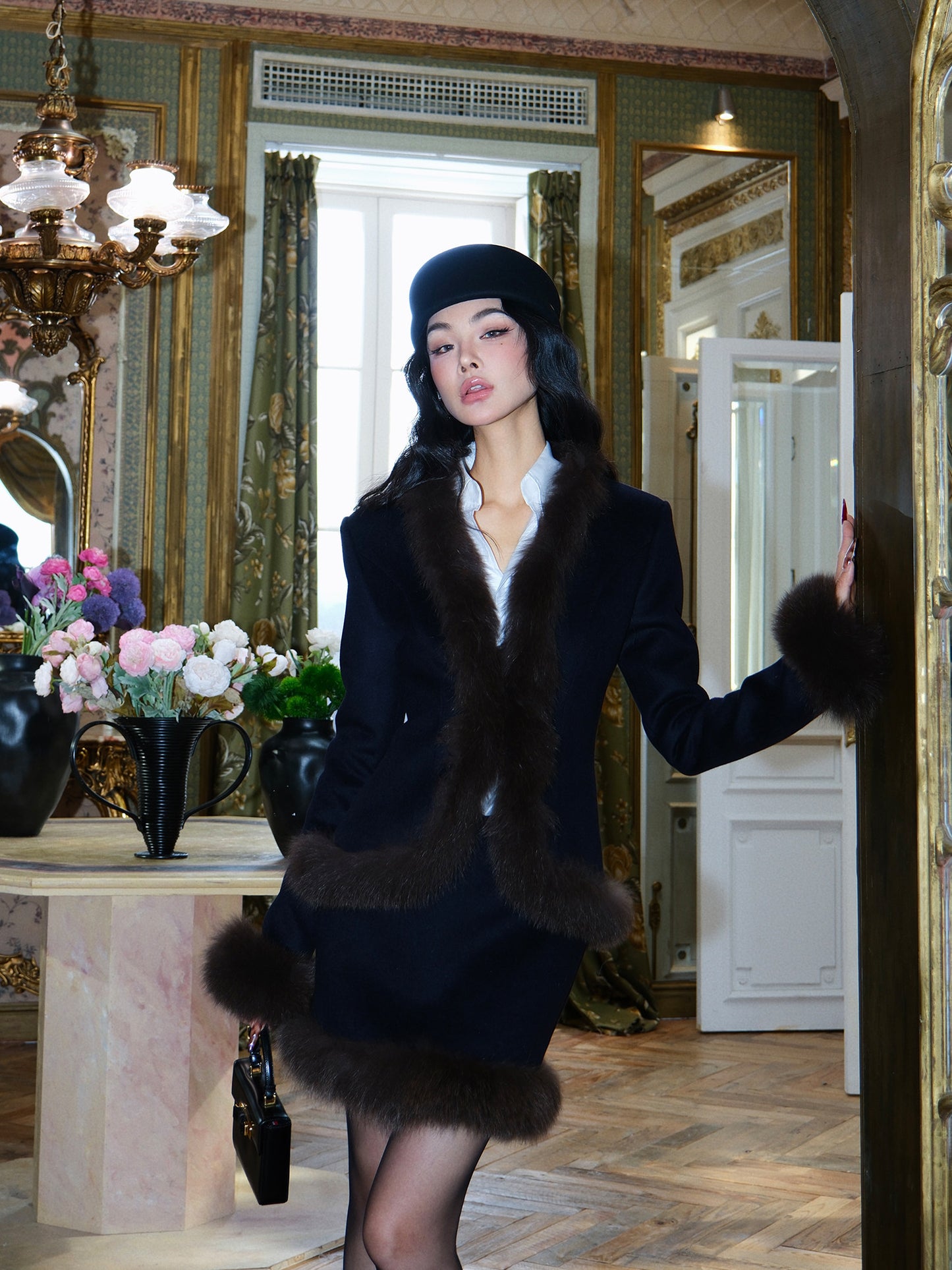 MEI SANGUAN Navy Wool Fox Fur Collar & Sleeve Suit - CALEB