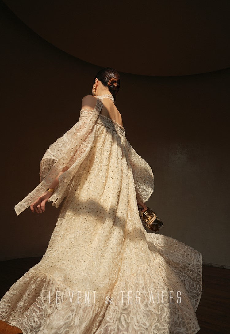 LE VENT&TES AILES Luxury off-Shoulder Lace Jacquard 3d Detailing white Dress- ZORA