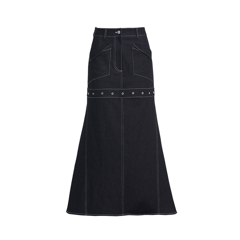 TINY IN black denim women's long a-line skirt -SALEM
