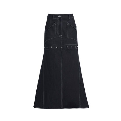 TINY IN black denim women's long a-line skirt -SALEM