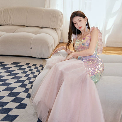 DOLLY Luxury Gradient Deep V-Neck Sleeveless Sequin Long Backless Party Dress-IVETTE