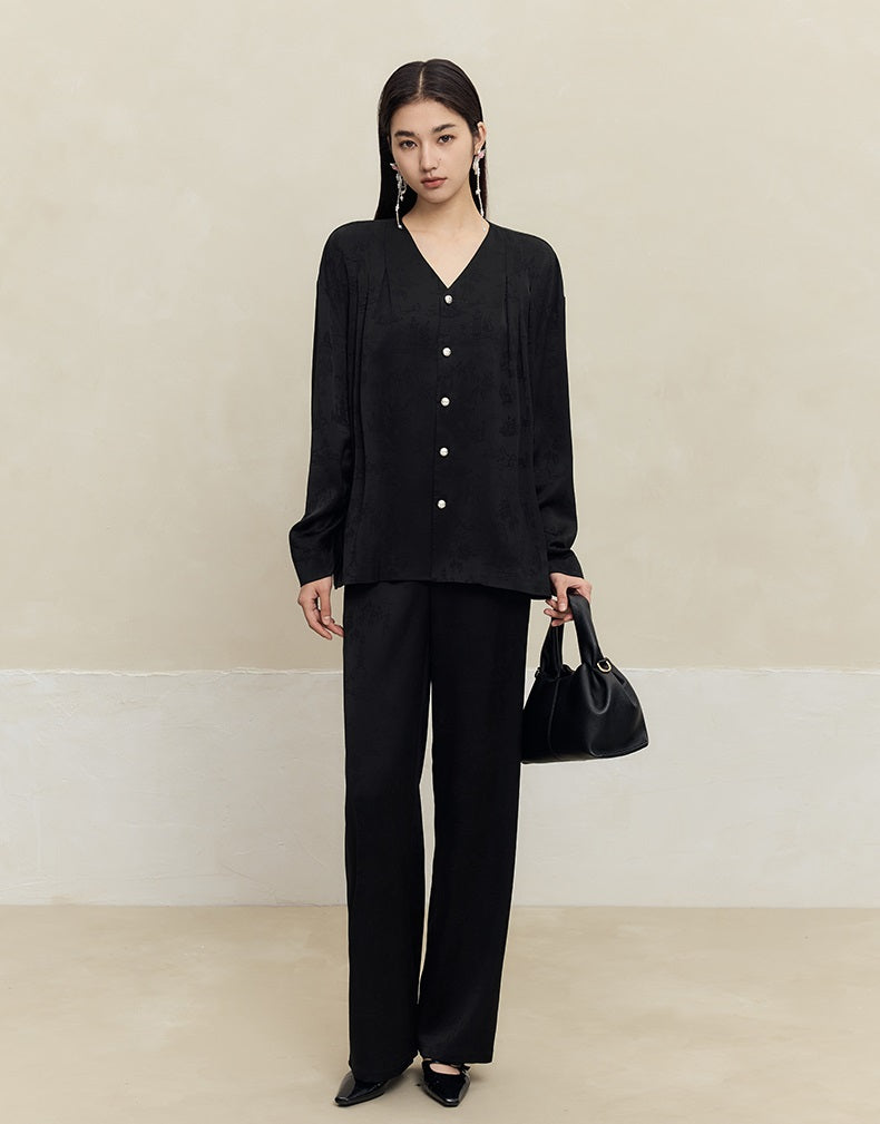 HECO Shan Ting Acetate Jacquard Suit Loose black yellow Top Pants Women - favour.