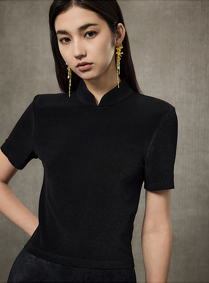 HECO Disc Button Acetate Knit Drop Neck T-Shirt - ROMAN.