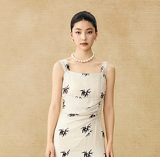 HECO Chinese irregular pleated camisole bamboo leaf print long dress- ROCK .