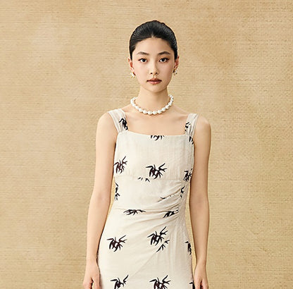 HECO Chinese irregular pleated camisole bamboo leaf print long dress- ROCK .