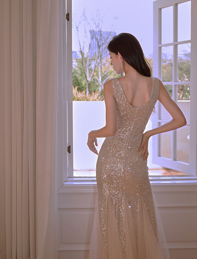 DOLLY Elegant Deep V-Neck Sleeveless Sequin Mesh Long Cocktail Dress-JUSTINA