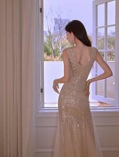 DOLLY Elegant Deep V-Neck Sleeveless Sequin Mesh Long Cocktail Dress-JUSTINA