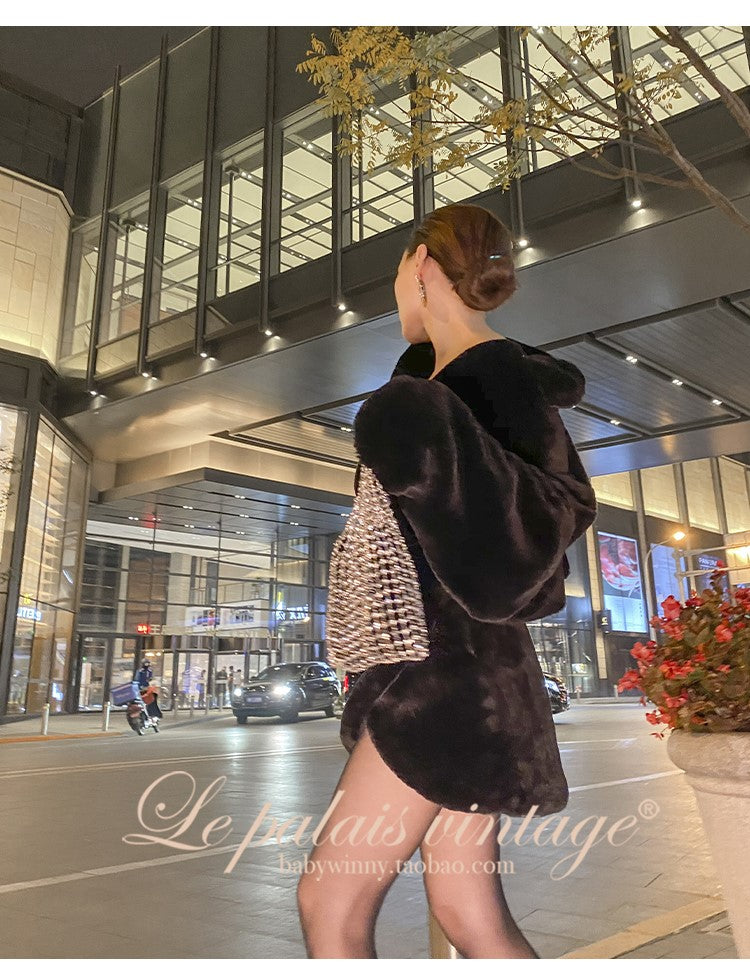 Le Palais Vintage Black Long Sleeves Short Faux Fur Coat and Dinner Skirt Suit-Selena.