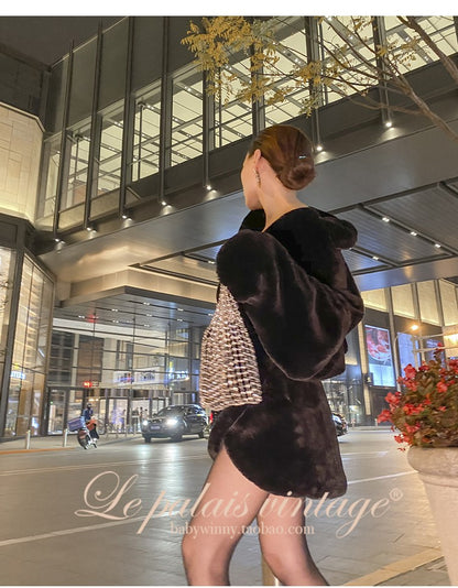 Le Palais Vintage Black Long Sleeves Short Faux Fur Coat and Dinner Skirt Suit-Selena.
