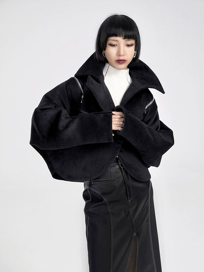 TINY IN women's black shoulder zipper cropped wool jacket- LOU