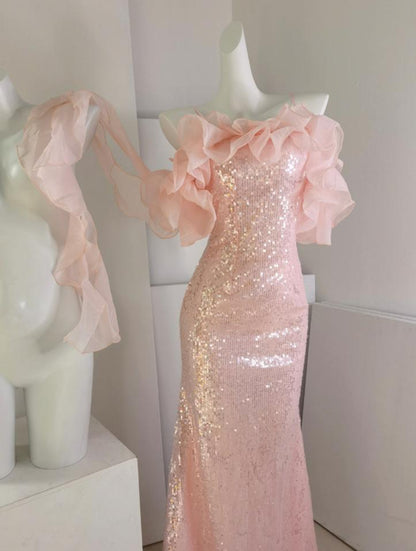 DOLLY Elegant White Off Shoulder Sequin Ruffled Tube Top Banquet Dress-ALICIA