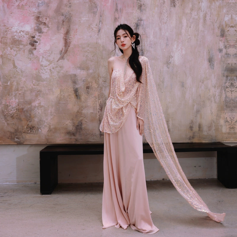 DOLLY Luxury Pink Greek Style Deep V Neck Sleeveless Long Prom Dress U GOOD GIRL REBEL