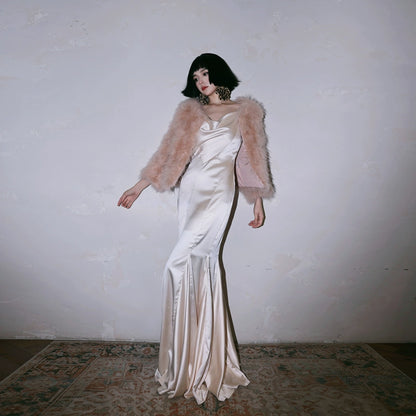 DOLLY Luxury White Stain Retro Sleeveless Long Fishtail Cocktail Dress-BETA