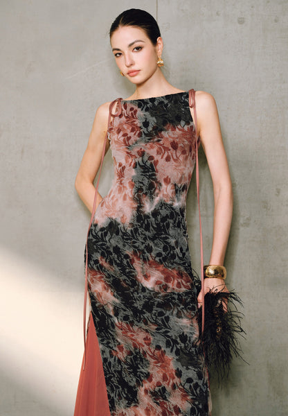 WANGXO | Artistic Ink Smudge Flora Knit Patchwork Contrast Tulle One-Shoulder Fishtail Dress with Flowing Gradient Drama -XINA