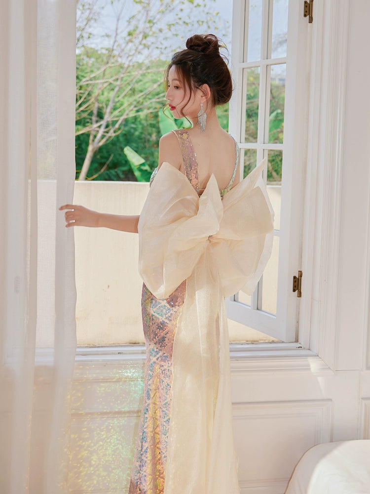 DOLLY Elegant V-Neck Sleeveless High Waist Long Fish Tail Banquet Dress-PHANIE