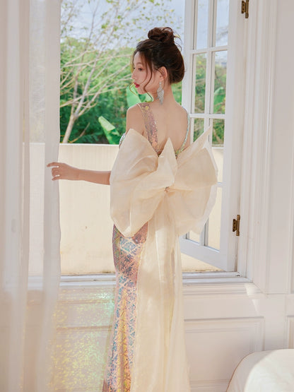 DOLLY Elegant V-Neck Sleeveless High Waist Long Fish Tail Banquet Dress-PHANIE