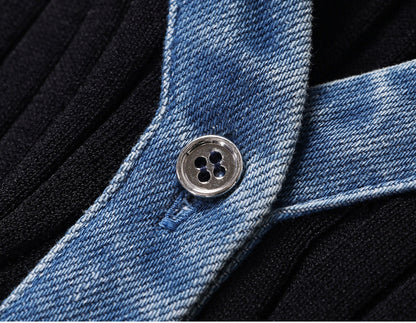 WANGXO | Soft Glutinous Knit & Contrasting High-Quality Denim V-Neck Slim Top -NIVA