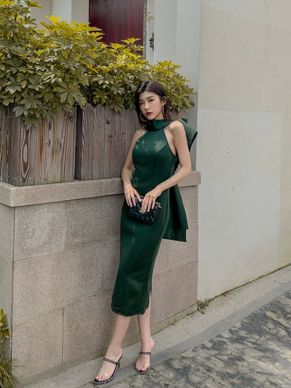 DOLLY Luxury Halter Neck Sleeveless Backless Big Bow Dinner Dress-PELA