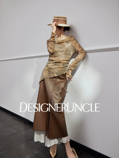 DGU "Gilded" khaki T-shirt autumn new retro print slim commuter slimming top - JACE.