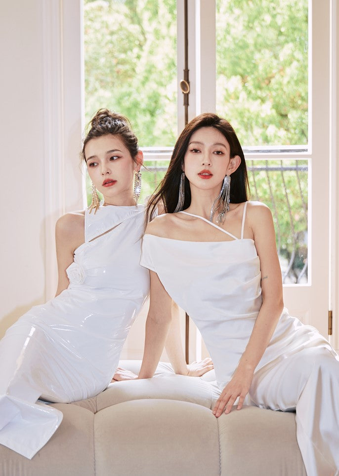 DOLLY Elegant Blue French Style Satin Sleeveless Pleated Hip Long Slit Dinner Dress-AVA