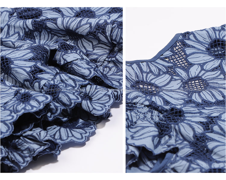 LIGHT LUXURY blue daisy print v neck machine embroidered lace dress - Iko