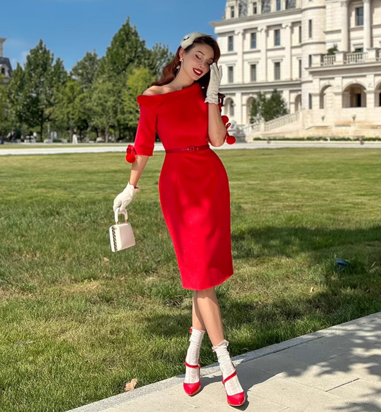 Le Palais Vintage Red Trim Tweed Off-the-Shoulder Dress-DANA