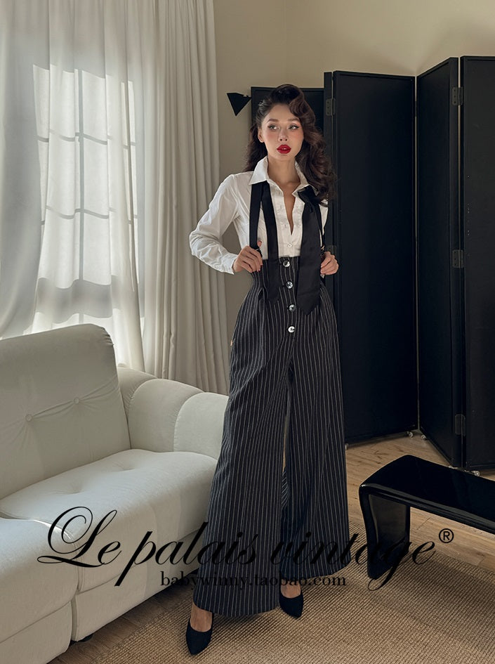 Le Palais Vintage  Black and White Striped Slim Short Jacket Wide/leg Pants-DIO.