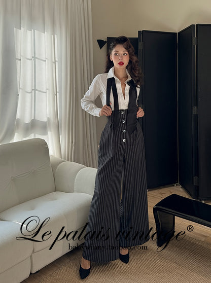 Le Palais Vintage  Black and White Striped Slim Short Jacket Wide/leg Pants-DIO.
