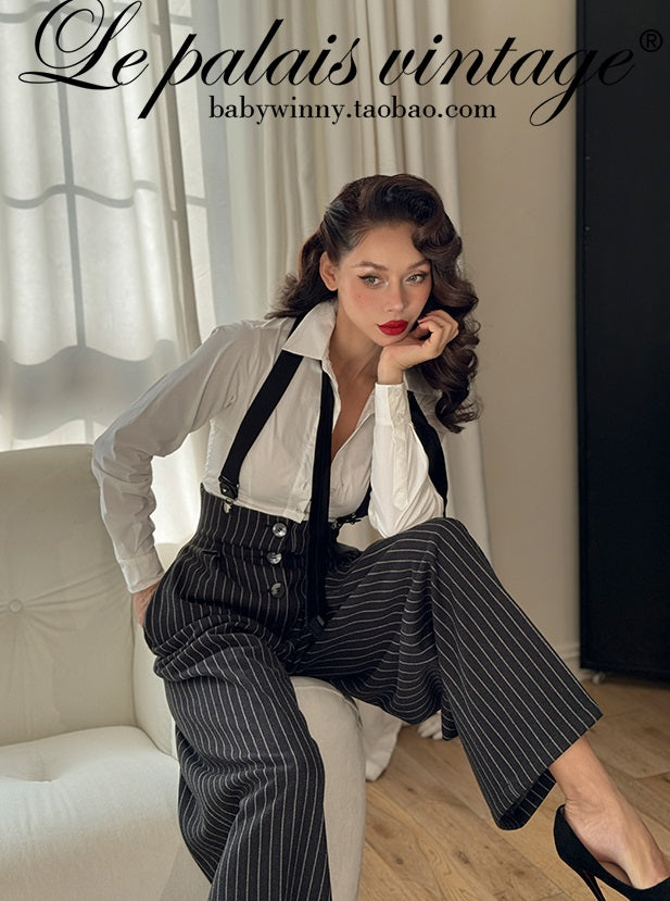 Le Palais Vintage  Black and White Striped Slim Short Jacket Wide/leg Pants-DIO.