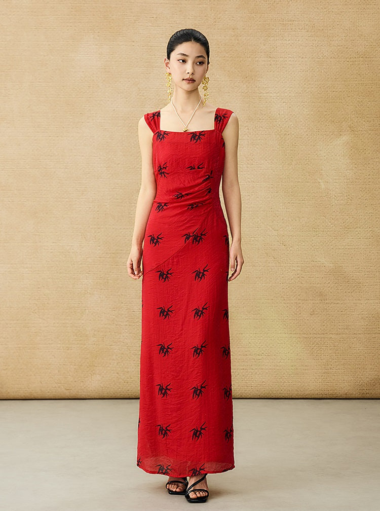 HECO Chinese irregular pleated camisole bamboo leaf print long dress- ROCK .