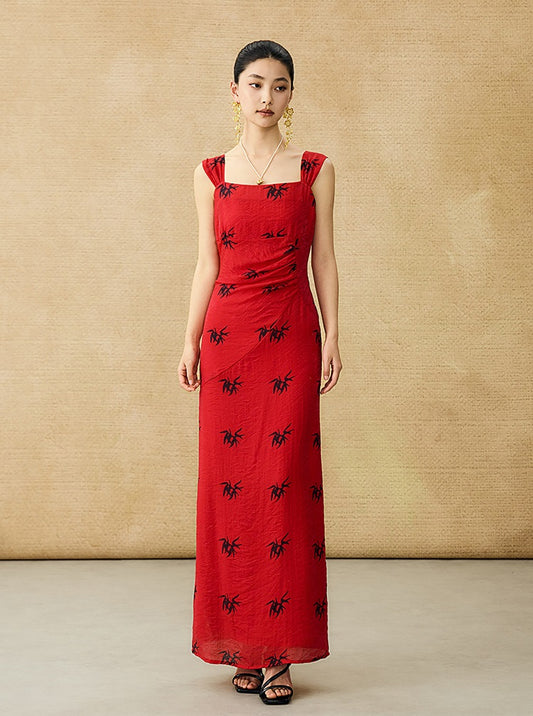 HECO Chinese irregular pleated camisole bamboo leaf print long dress- ROCK .