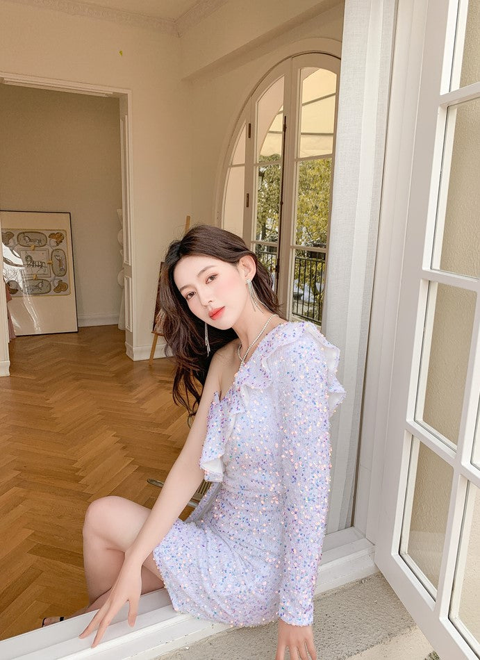 DOLLY Luxury White Sequined Slant Collar Off Shoulder Long Sleeve Dinner Dress-KAKA