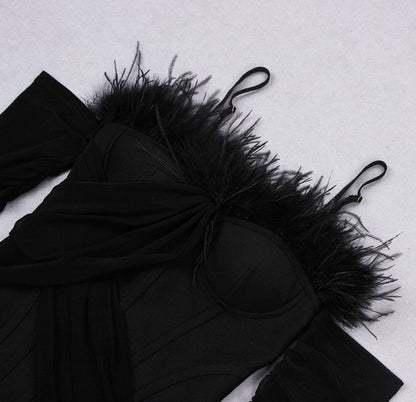 DOLLY Elegant Black Sleeveless Feather Off Shoulder Long Sleeve Party Dress-CHRIS
