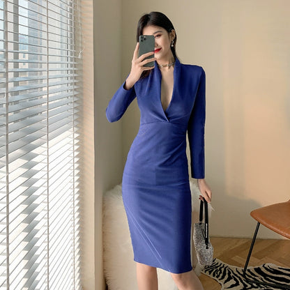 DOLLY Elegant Blue/White Deep V-Neck Long Sleeve Sexy Bandage Party Dress-KONNIE