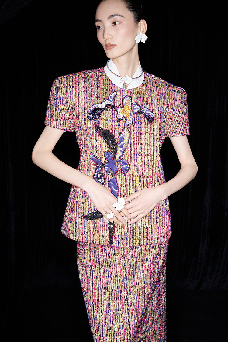 M essential Ma Kai designer kneaded gold coarse spinning iris stacked embroidery slim top - LIVING.