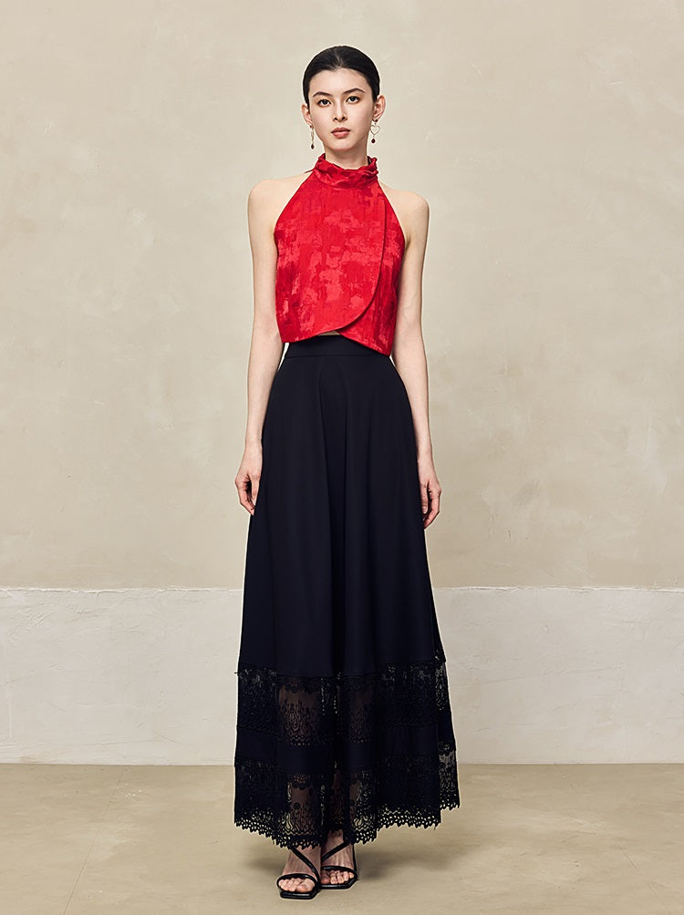 HECO Jacquard Cross Slit Pile Collar Red White Purple Crop Top Women - WORSHIP.