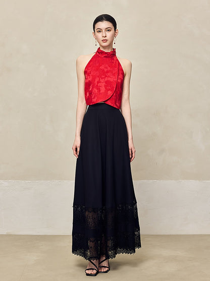 HECO Jacquard Cross Slit Pile Collar Red White Purple Crop Top Women - WORSHIP.